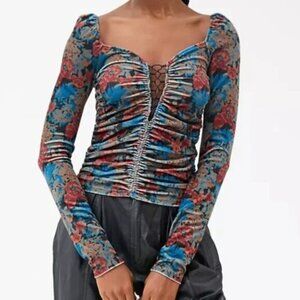 UO Georgia Velvet Lace-Up Top Multicolor Womens Size Small